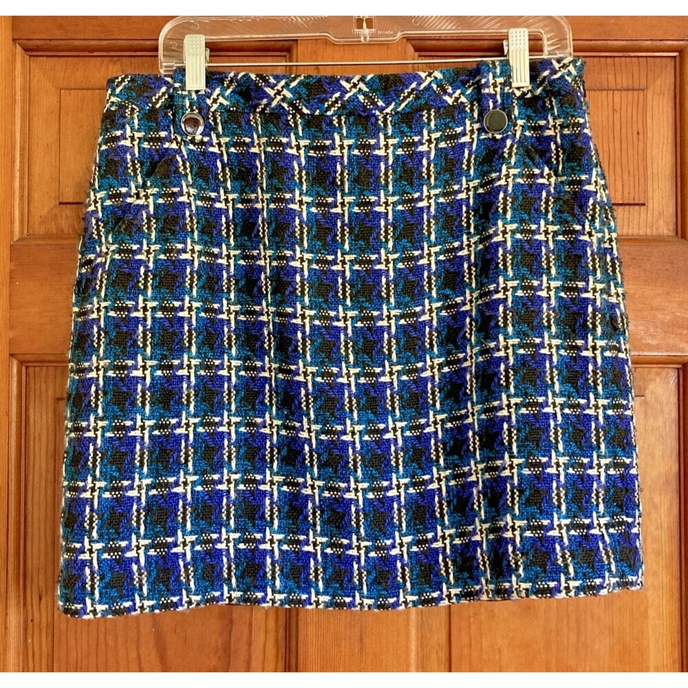 Loft Women’s 8 Navy & Light Blue Black White Tweed Plaid Mini Skirt 60s